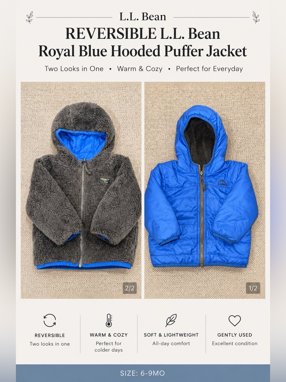 REVERSIBLE L.L. Bean Royal Blue Hooded Puffer Jacket fleece reversible
